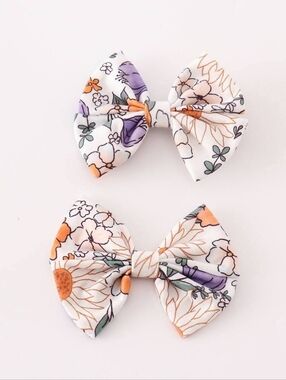 Floral Cotton Bow Hair Clips for Kids - White with Orange & Purple Set Of 2